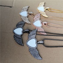 sublimation big small wings heart necklace pendant for women  necklaces pendants with zircon for hot transfer printing blank gifts 
