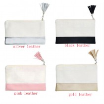 sublimation linen blank makeup bags with pu leather bottom and tassel